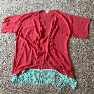 LuLaRoe large Shirley, pink with teal fringe NWOT